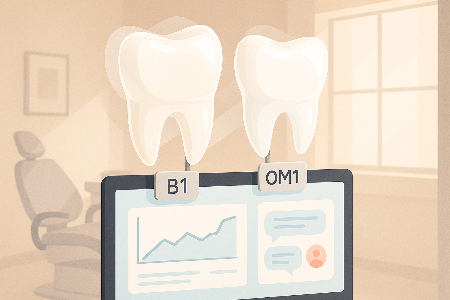 Modern dental treatment room with digital dashboard, geometric shapes, and soothing teal and blue accents.