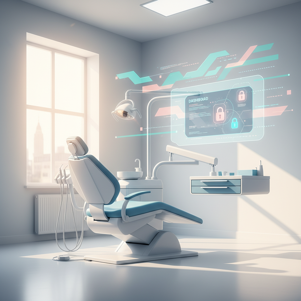 Modern dental treatment room with digital data streams, secure access icons, and sleek interface.