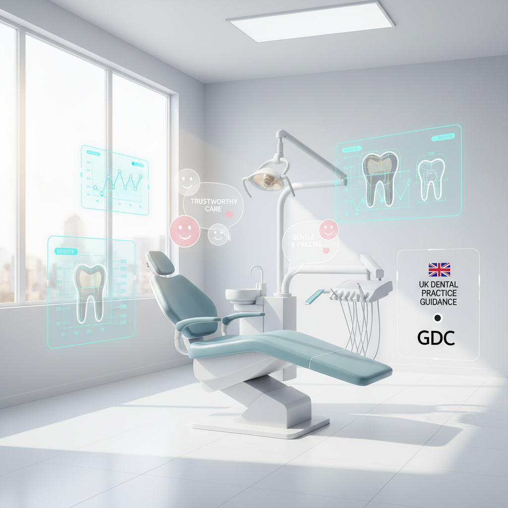 Modern dental treatment room with digital overlays, testimonial bubbles, and dental tools in clinical tones.