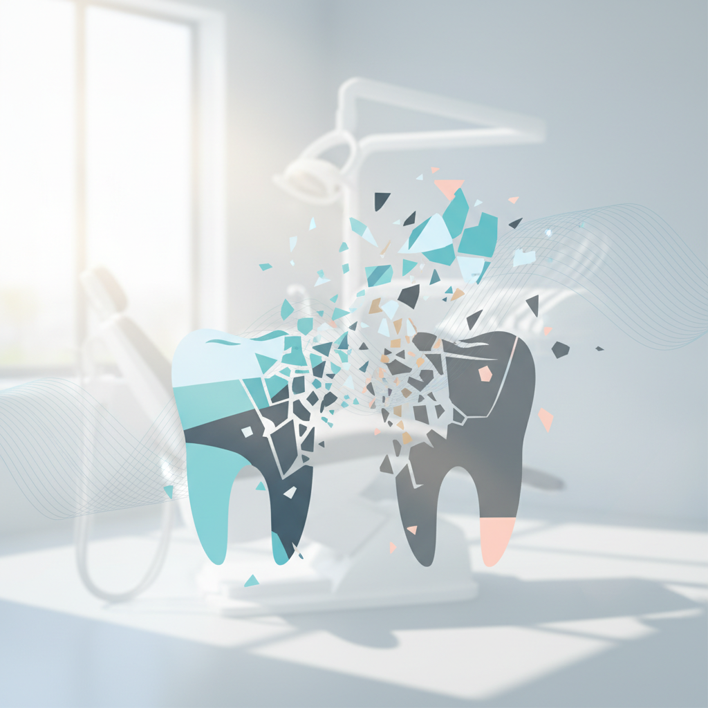 Modern dental treatment room with fractured canine shapes dissolving into worn posterior teeth.
