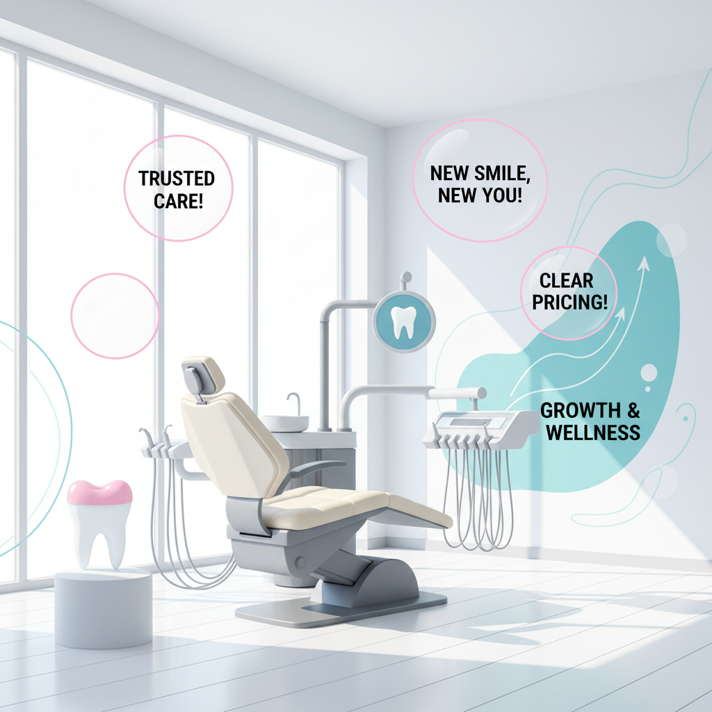 Modern dental treatment room with natural light, testimonial bubbles, and growth charts in soothing colors.