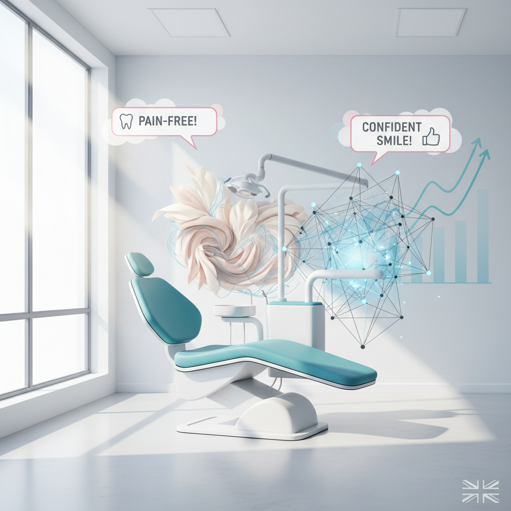 Modern dental treatment room with organic impression forms, digital patterns, growth charts, and testimonials.