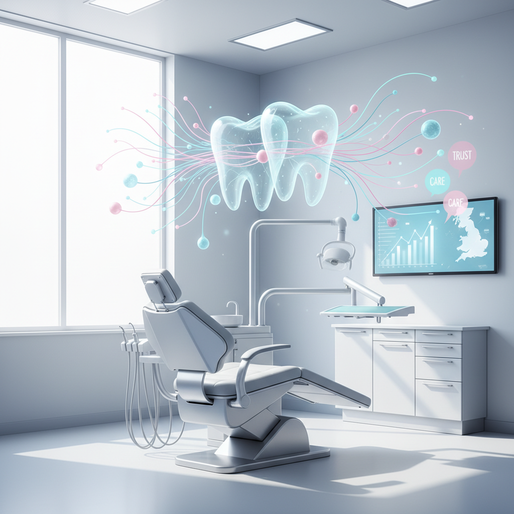 Modern dental treatment room with tooth structures, digital overlays, and clinical decor in bright, clean tones.