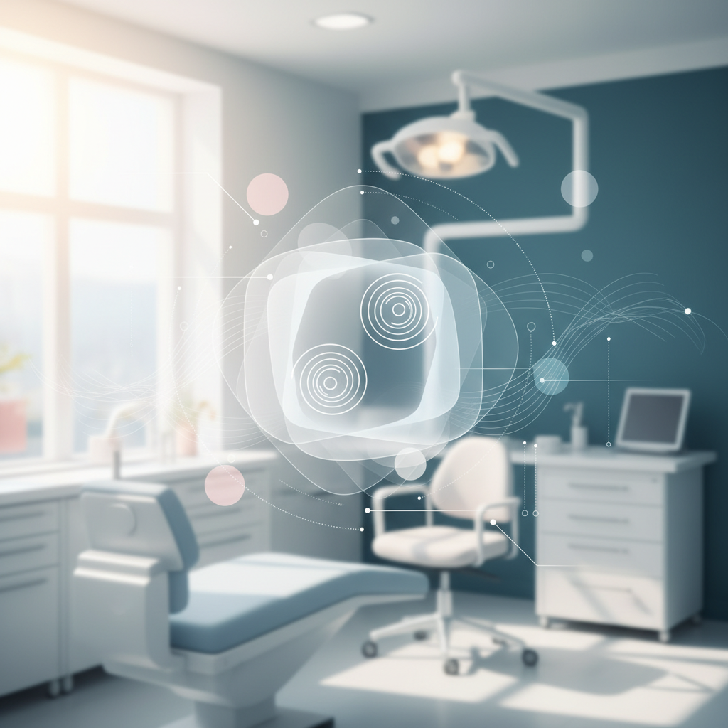 Modern dental workspace with abstract geometric forms and flowing lines representing controlled force.