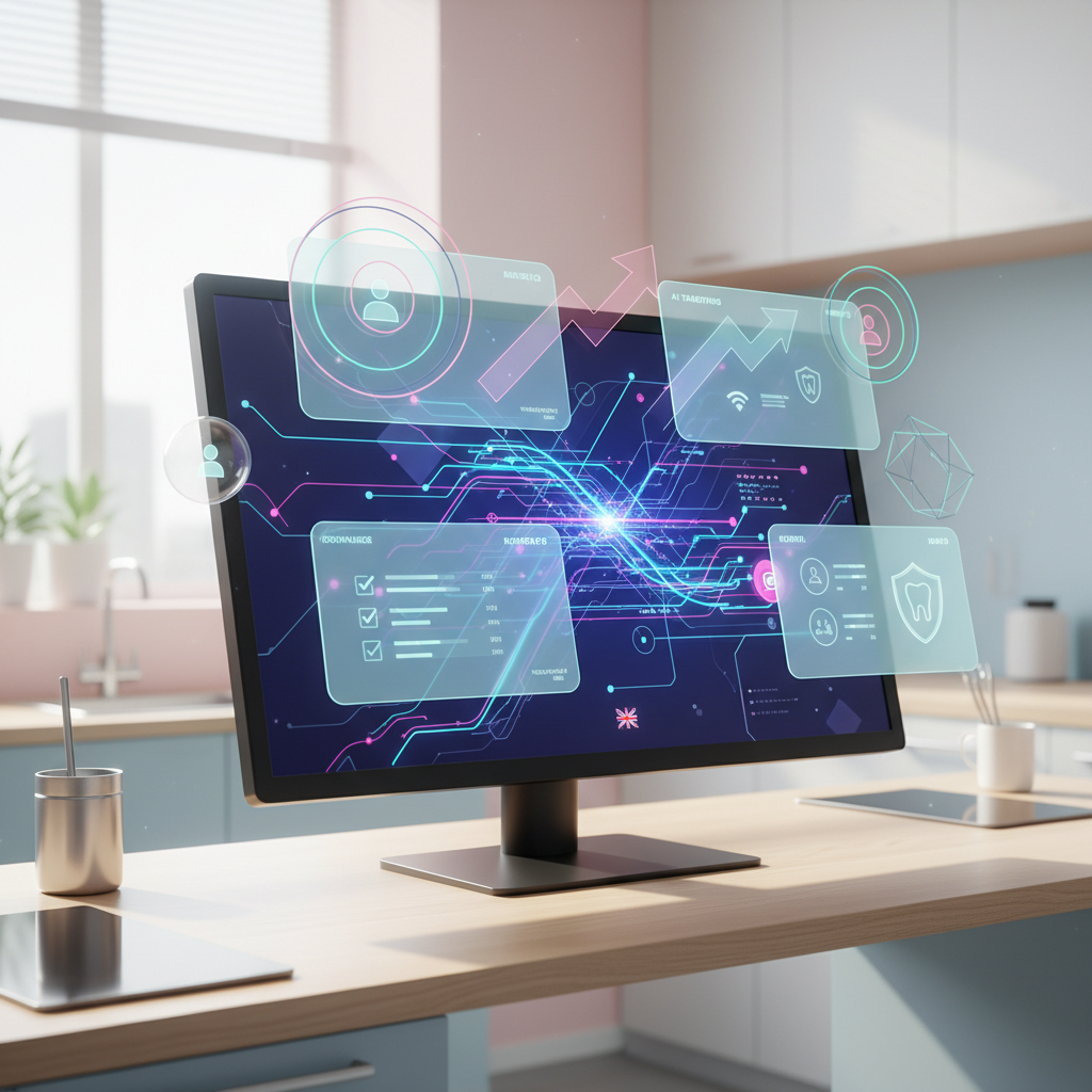 Modern dental workspace with AI data interfaces, geometric shapes, and warm, professional tones.