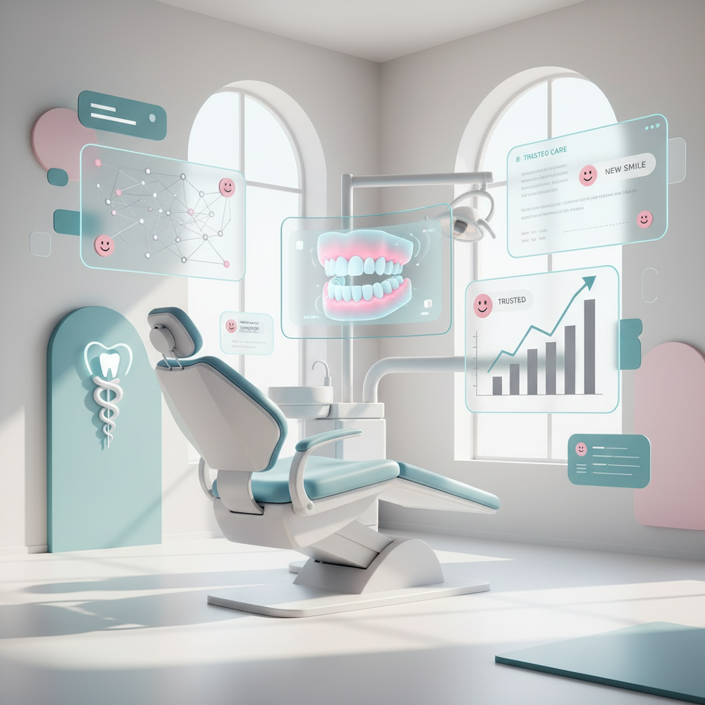 Modern dental workspace with data panels, testimonial bubbles, and symbolic patient connection elements.