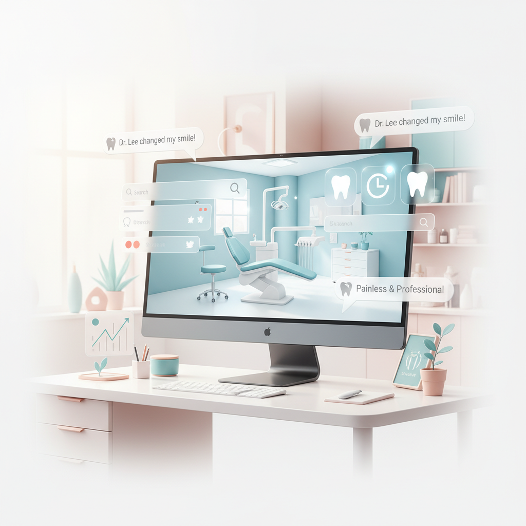Modern dental workspace with digital dashboard, appointment icons, and testimonial bubbles.