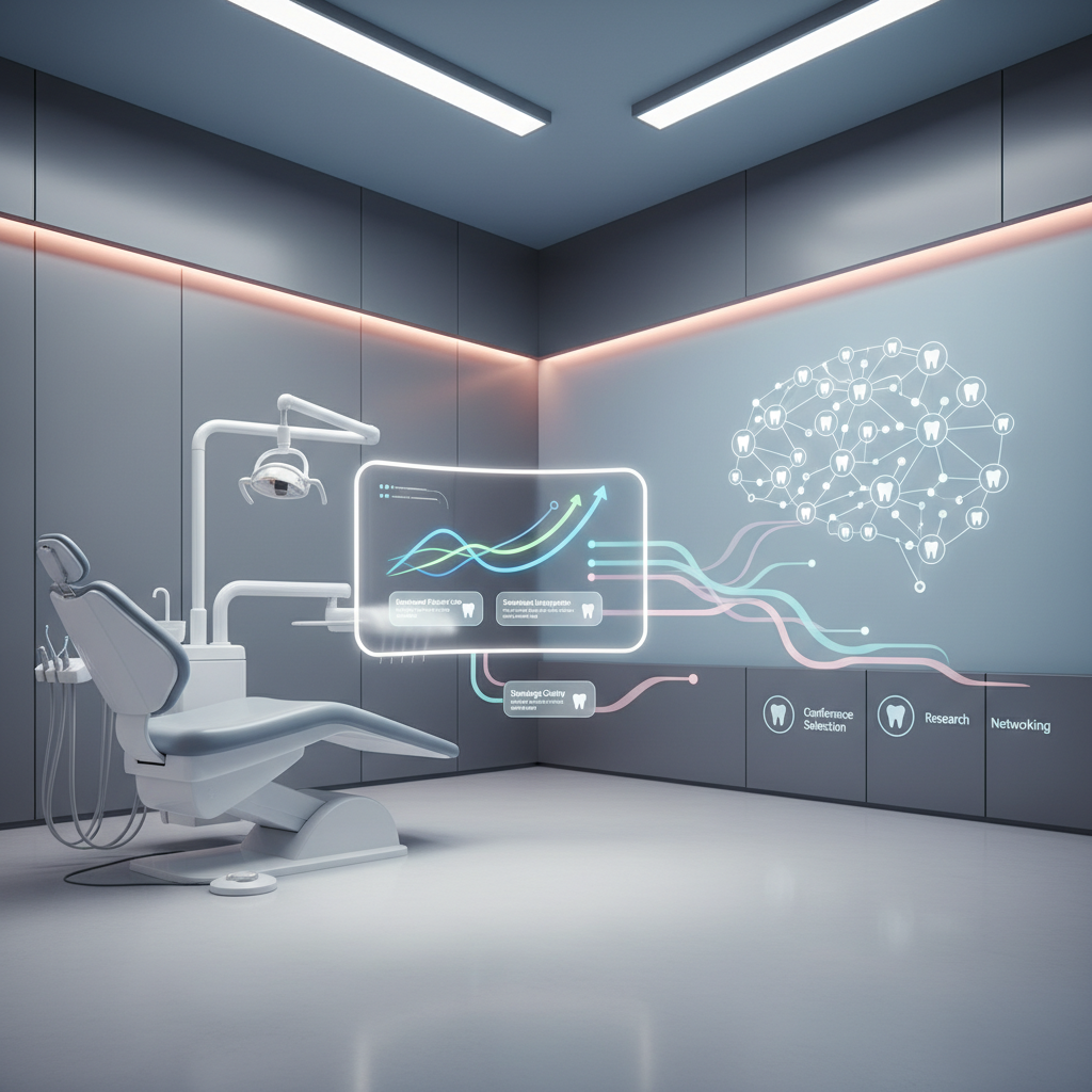 Modern dental workspace with digital dashboard, growth charts, tooth icons, and data streams.