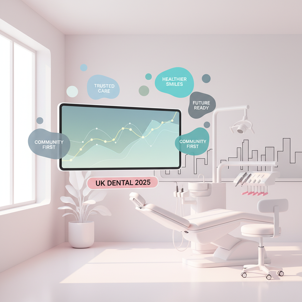 Modern dental workspace with digital dashboard, growth charts, and testimonial bubbles in soft blue and teal.