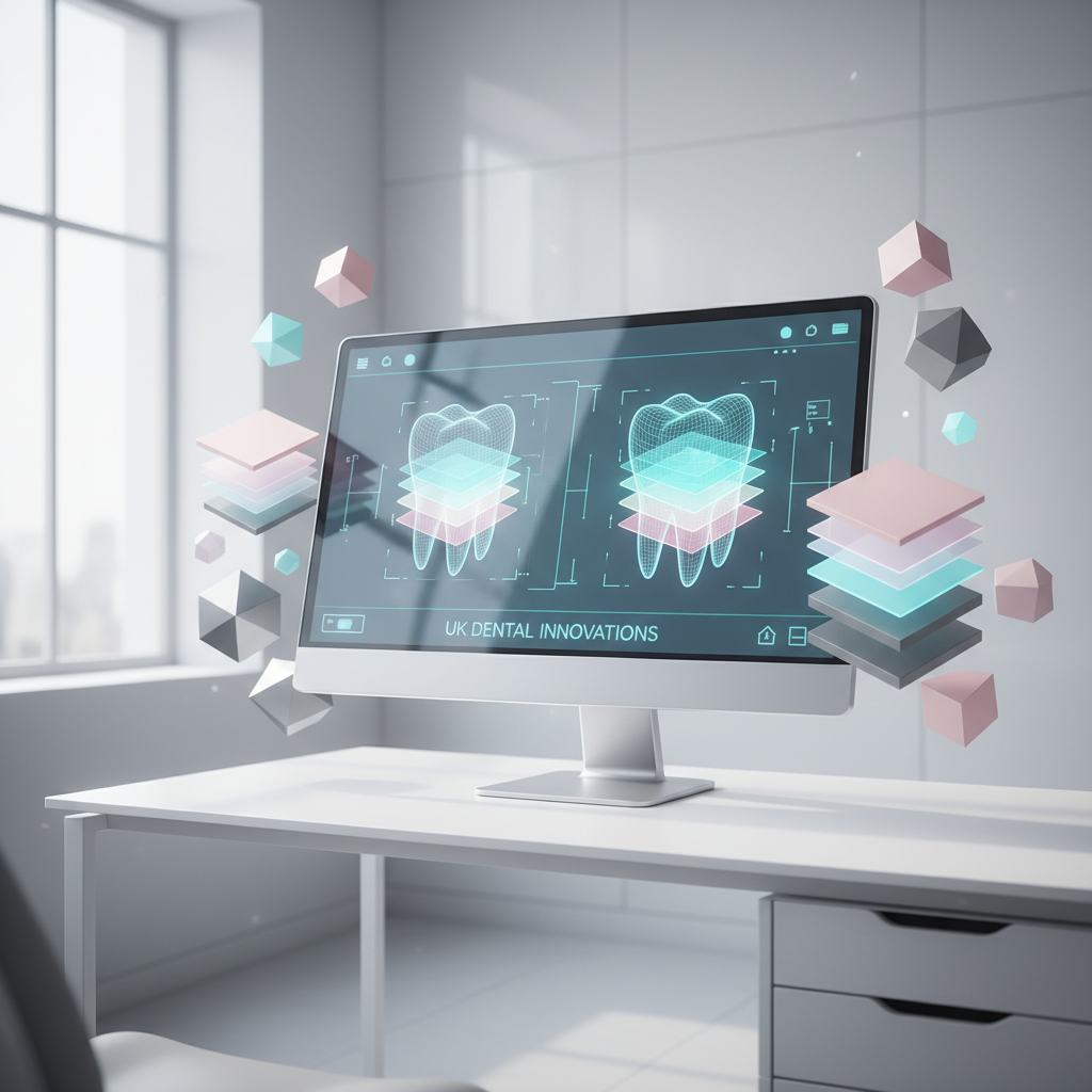 Modern dental workspace with digital dashboard showing blueprints and wireframes of tooth crowns.