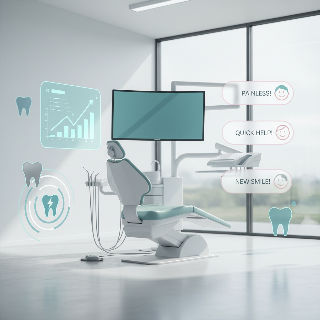 Modern dental workspace with digital dashboard, testimonial bubbles, and stylized tooth icons.