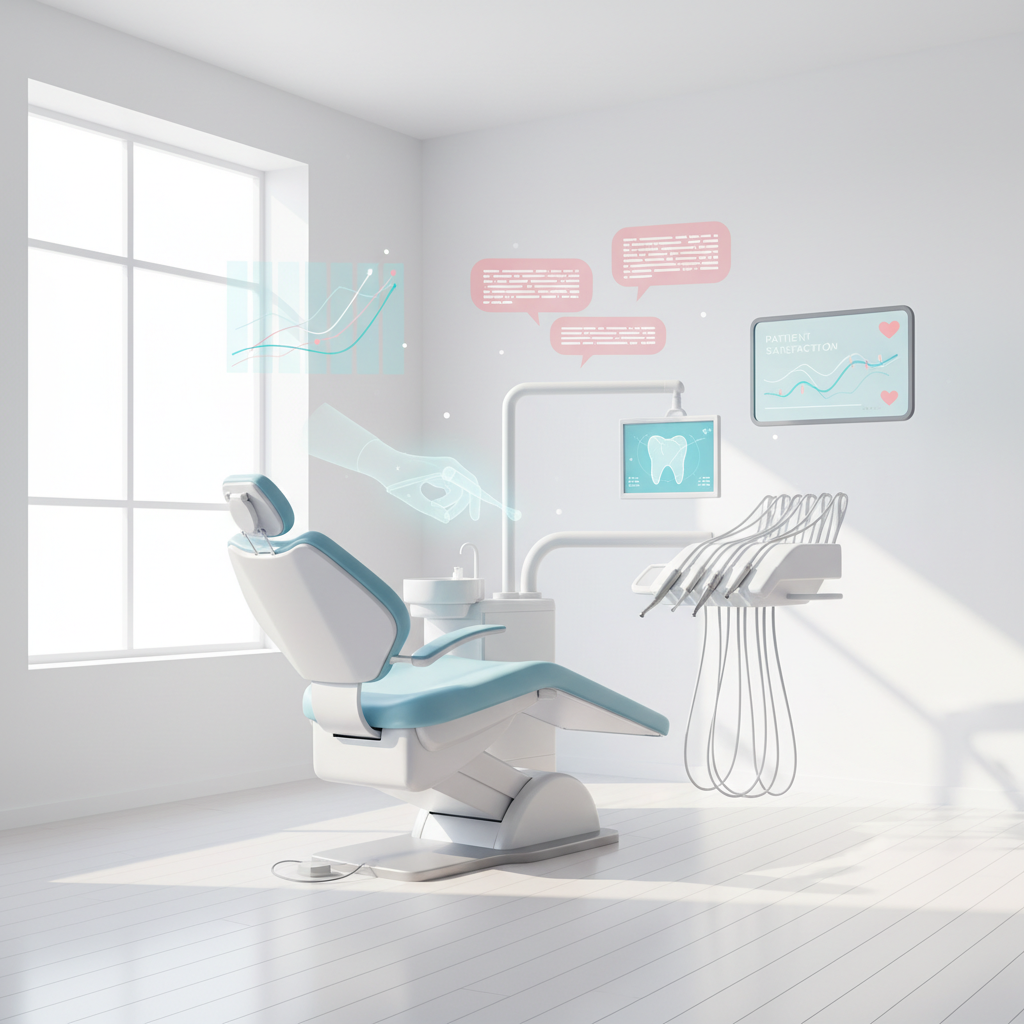 Modern dental workspace with digital dashboards, growth charts, and testimonial bubbles in clinical tones.