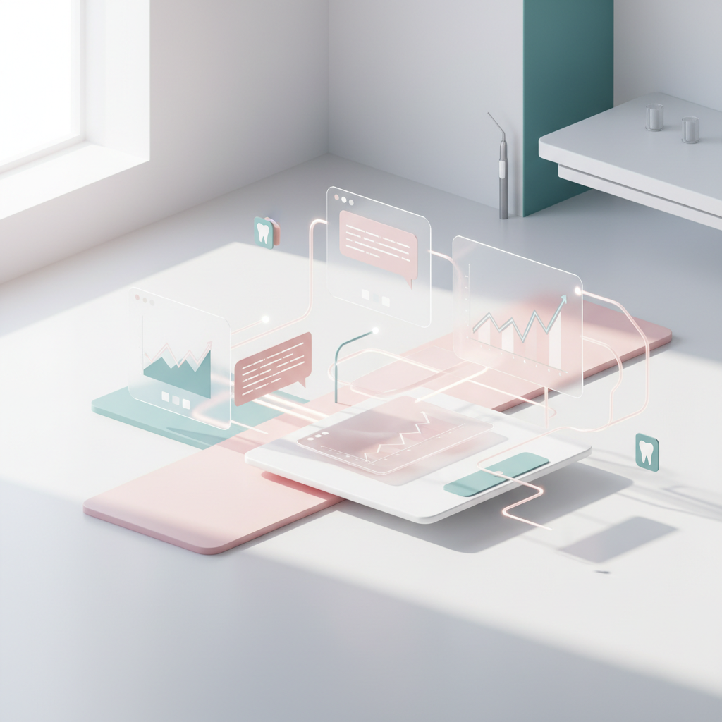 Modern dental workspace with digital screens, interconnected panels, and abstract neural pathways.