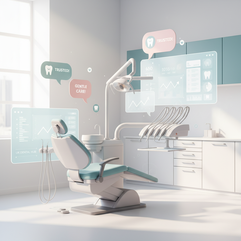 Modern dental workspace with digital tools, testimonial bubbles, growth charts, and clinical colors.