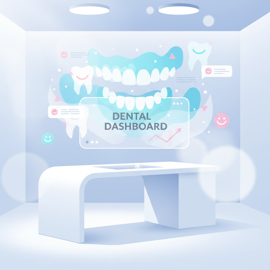 Modern dental workspace with floating tooth shapes, growth charts, and testimonial bubbles in cool colors.
