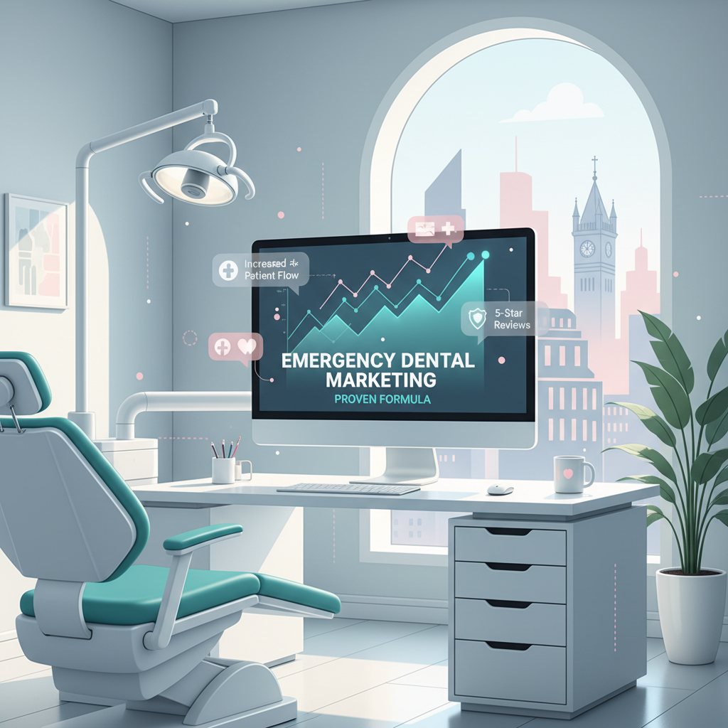 Modern dental workspace with growth charts and testimonial bubbles in clinical tones.
