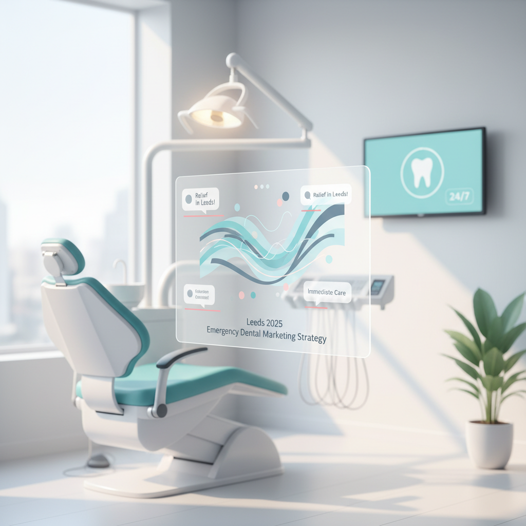 Modern dental workspace with growth charts, testimonials, and clinical elements in bright, clean tones.