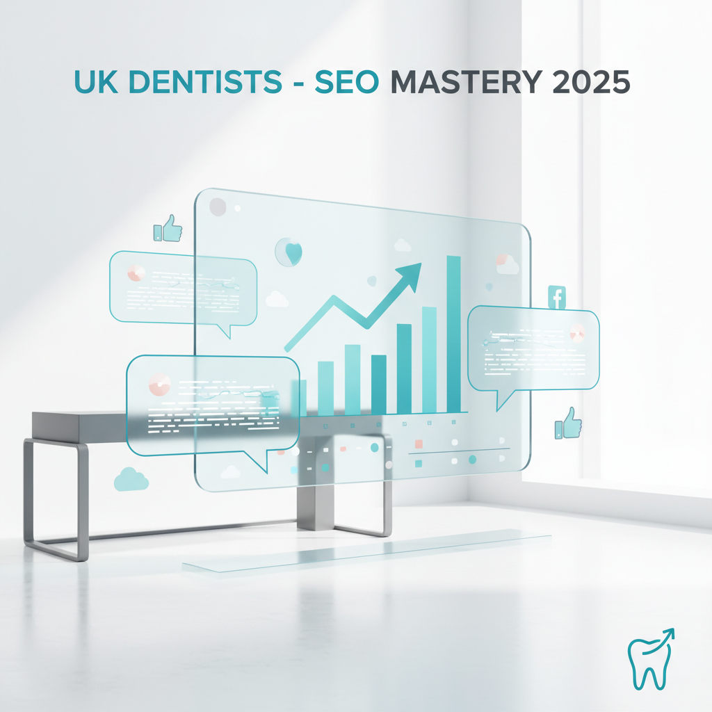 Modern dental workspace with growth charts, testimonials, and social icons in bright, clinical colors.