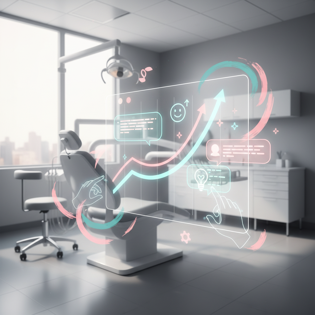Modern dental workspace with growth charts, testimonial bubbles, and learning icons in bright, clean setting.