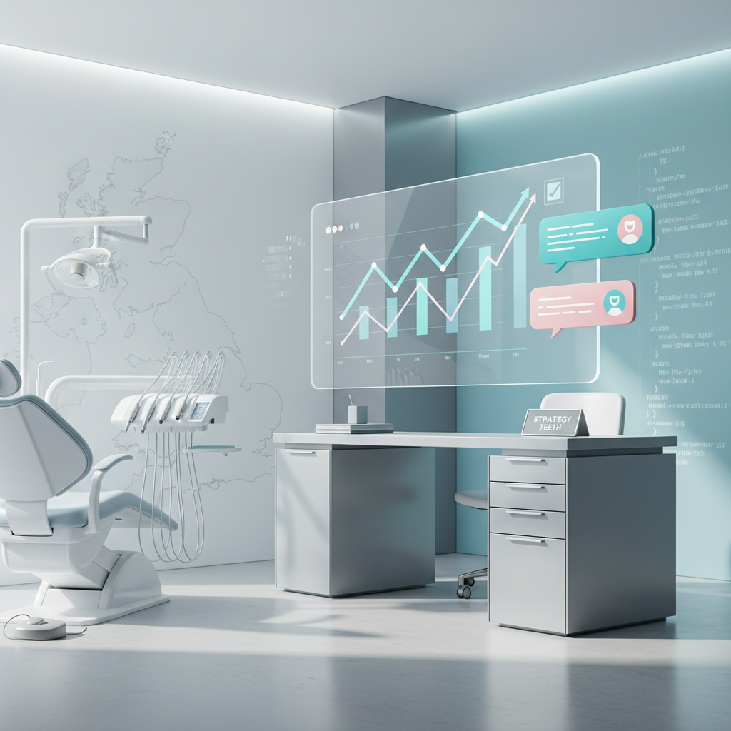 Modern dental workspace with growth charts, testimonial bubbles, UK map, and coding symbols.