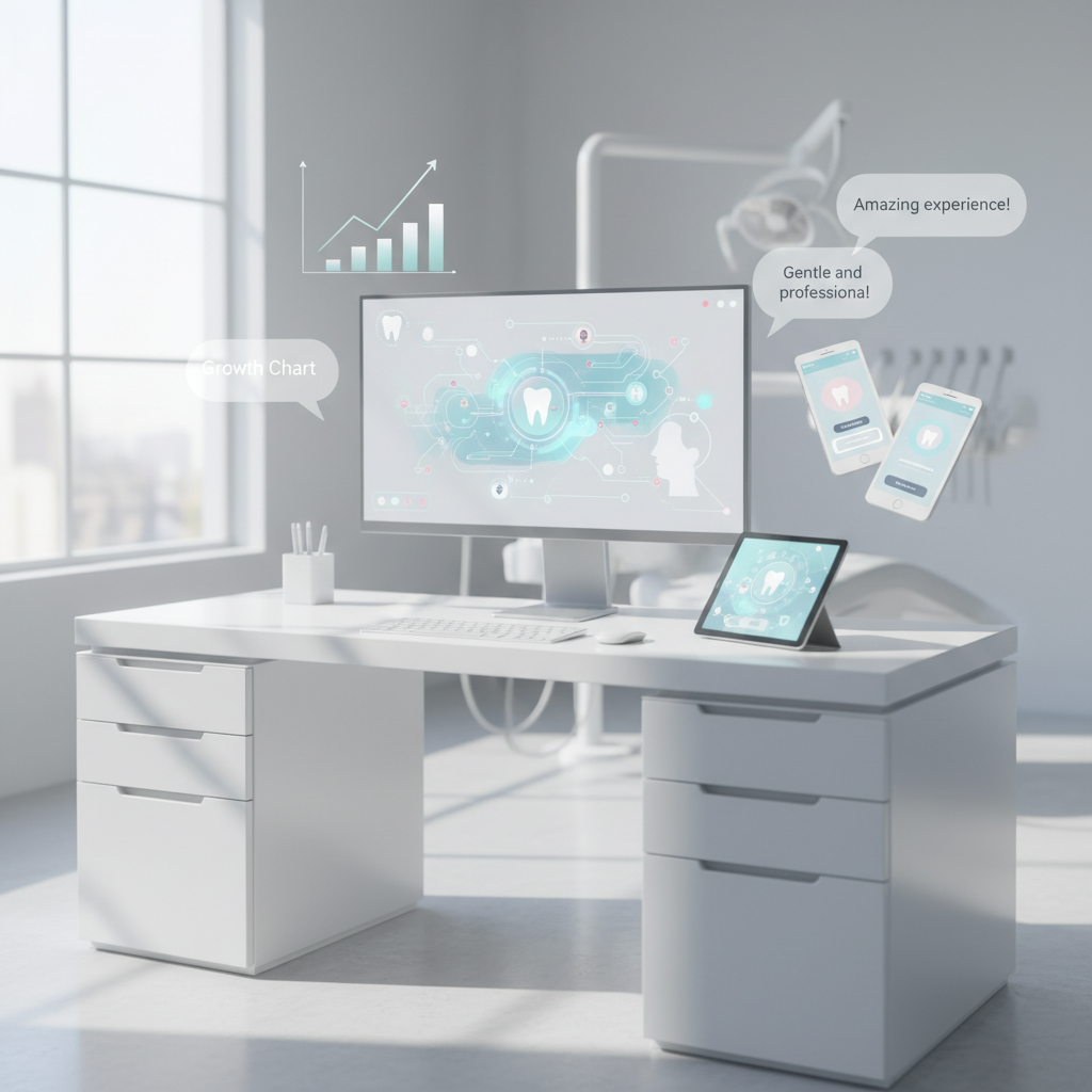 Modern dental workspace with interconnected nodes, testimonial bubbles, growth charts, and devices.