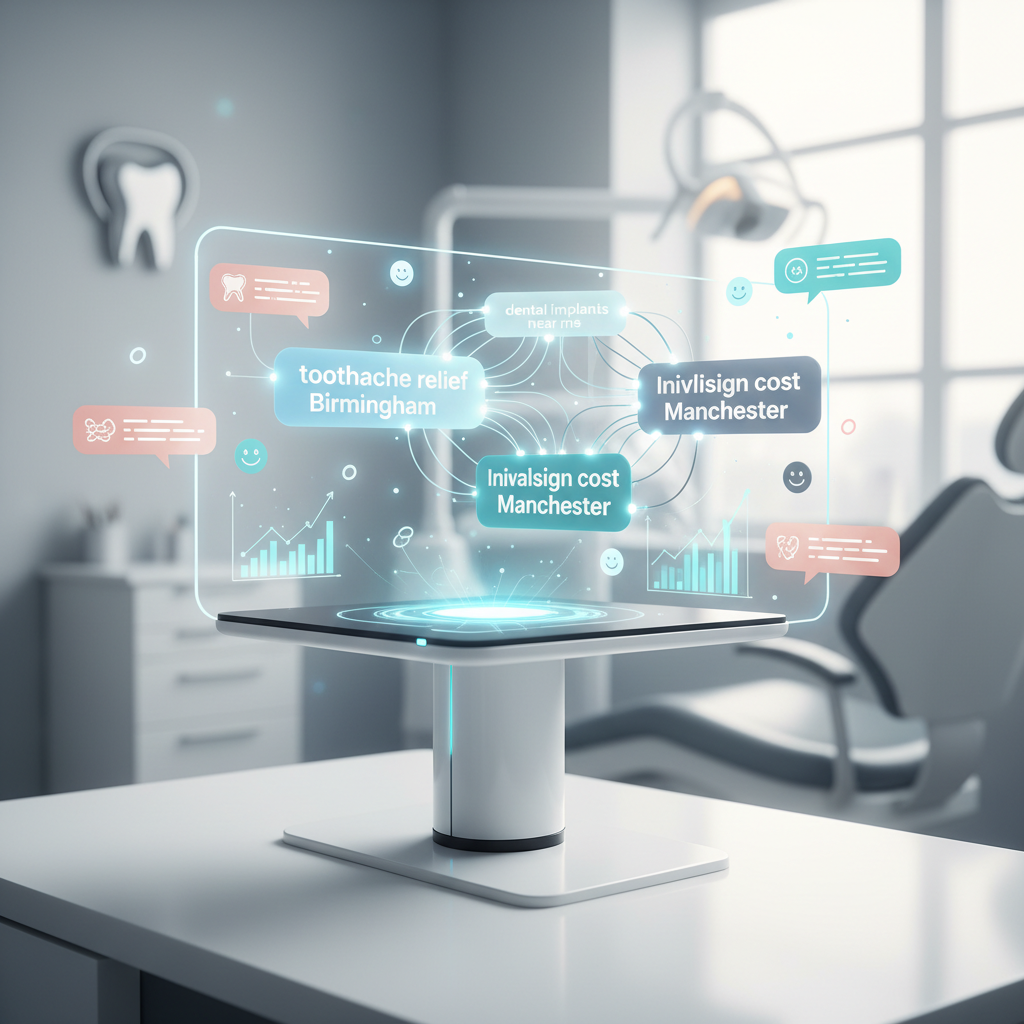 Modern dental workspace with keyword clusters, testimonial bubbles, and growth charts in clinical tones.