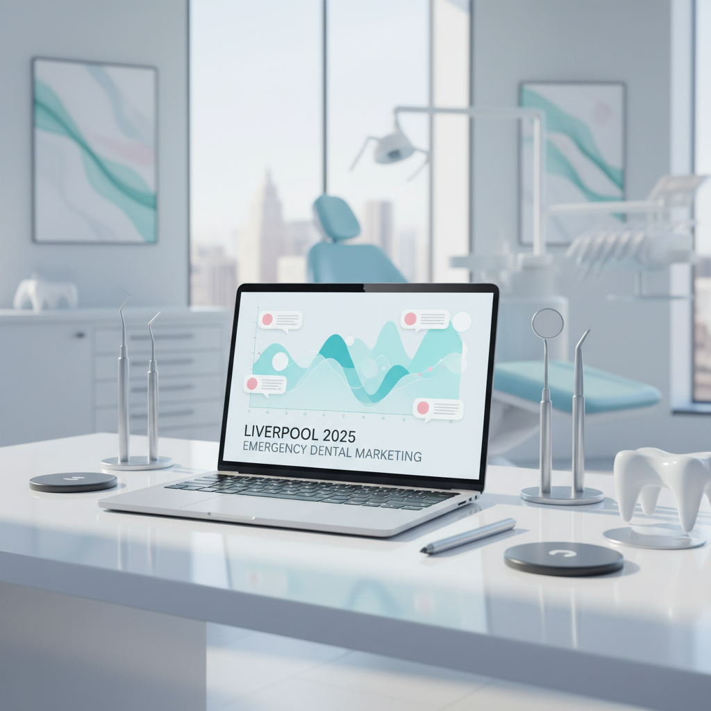 Modern dental workspace with laptop displaying growth charts, dental tools, and sleek devices.
