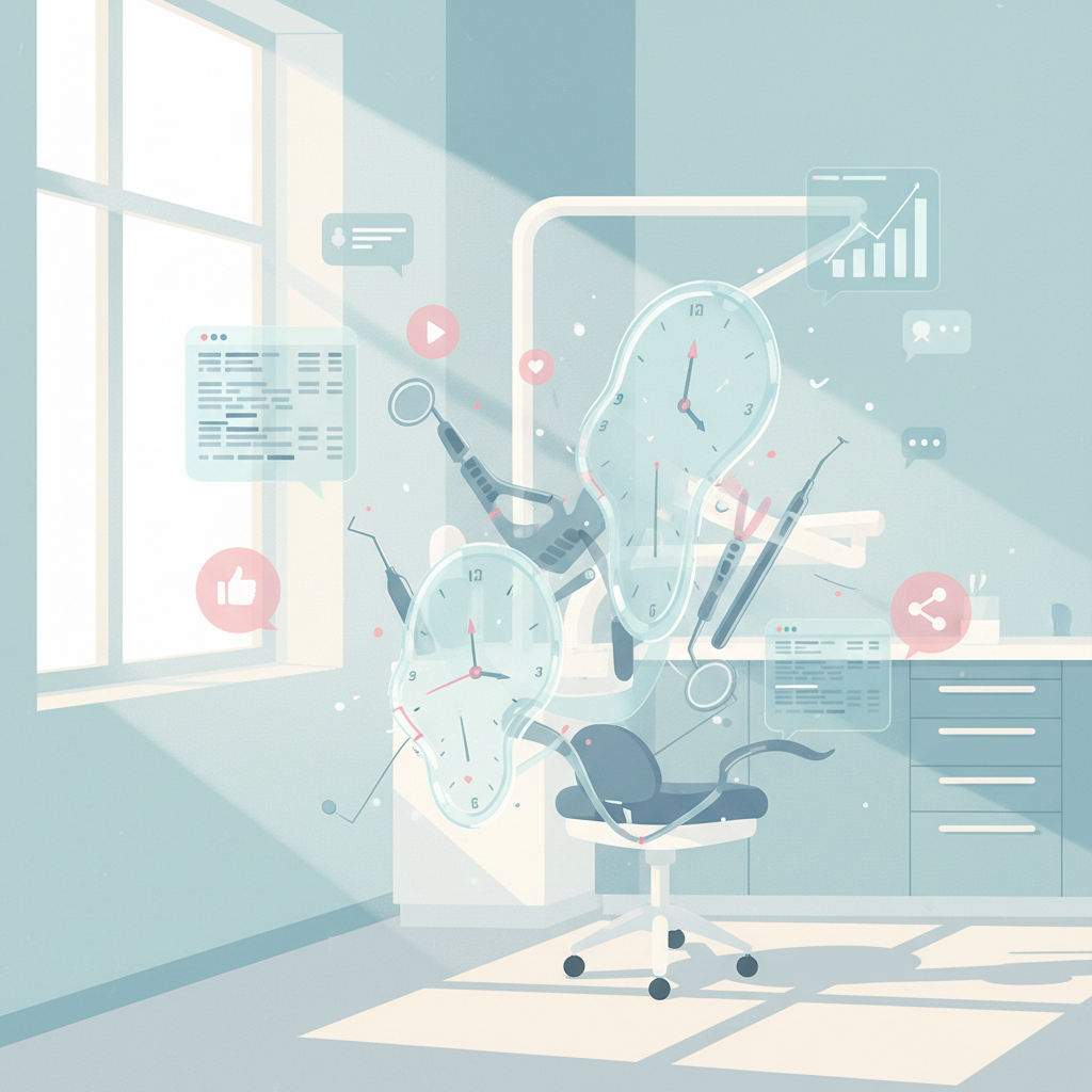 Modern dental workspace with melting clock faces, dental tools, schedules, and digital interface elements.