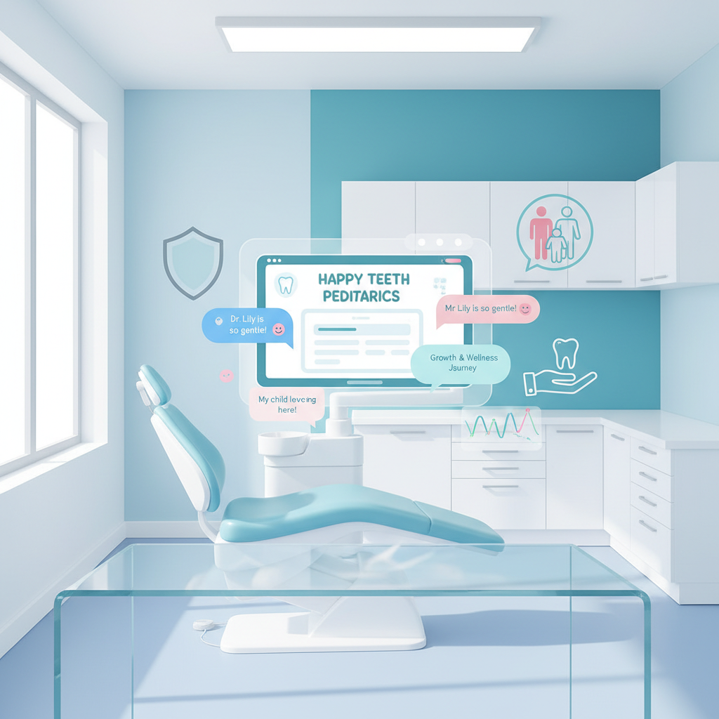 Modern dental workspace with pediatric dashboard, testimonial bubbles, and growth charts in clinical warm tones.