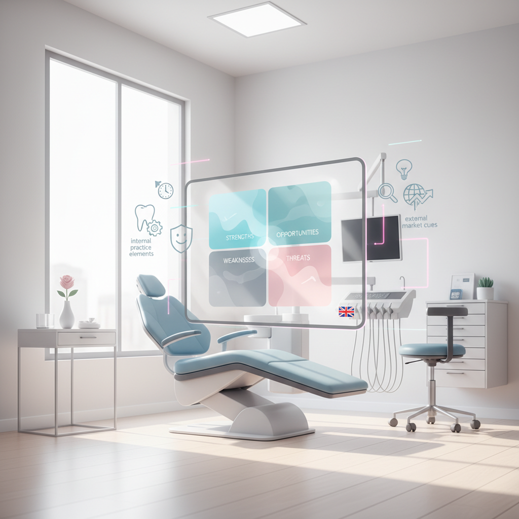 Modern dental workspace with SWOT analysis, icons, and clinical background in calming colors.