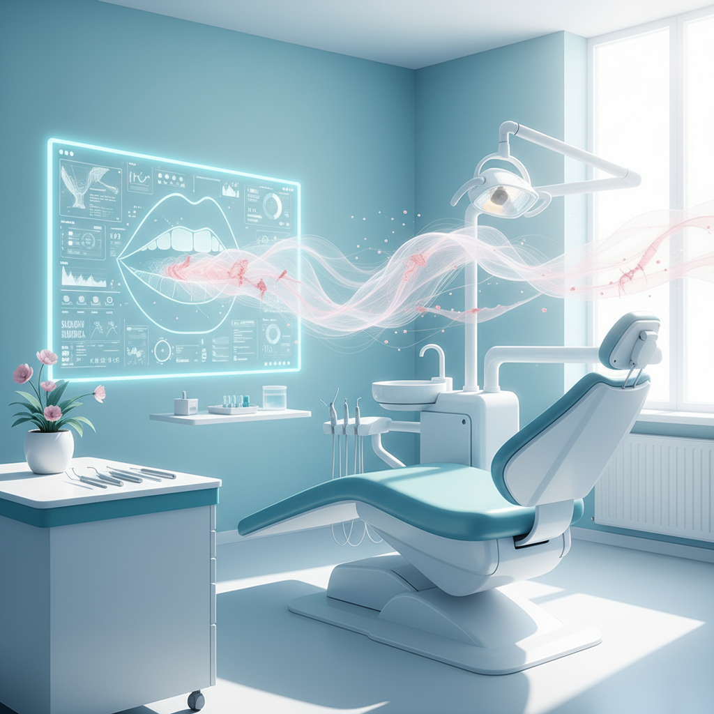 Modern dental workspace with translucent mucosa, pink tissue scars, and subtle bleeding details.