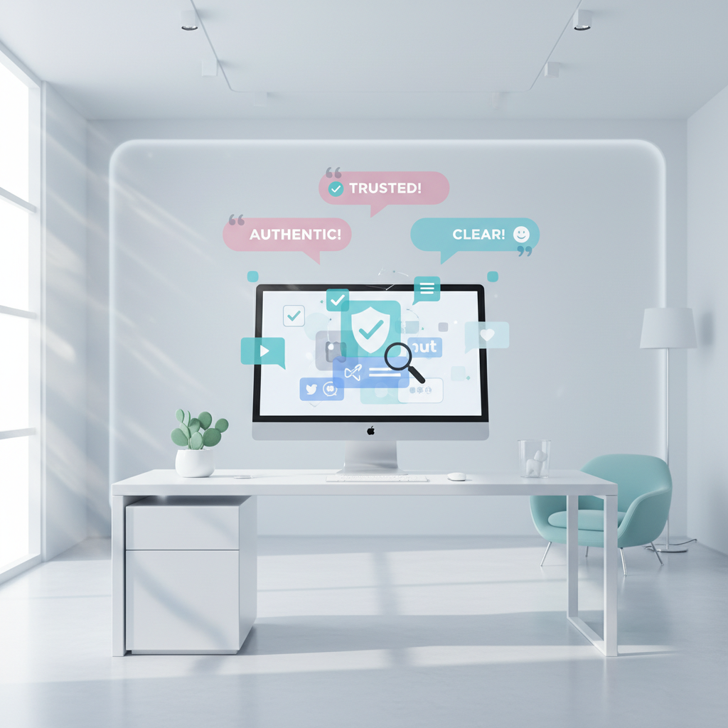Modern dental workspace with verification icons and trust platform silhouettes in bright, clinical colors.