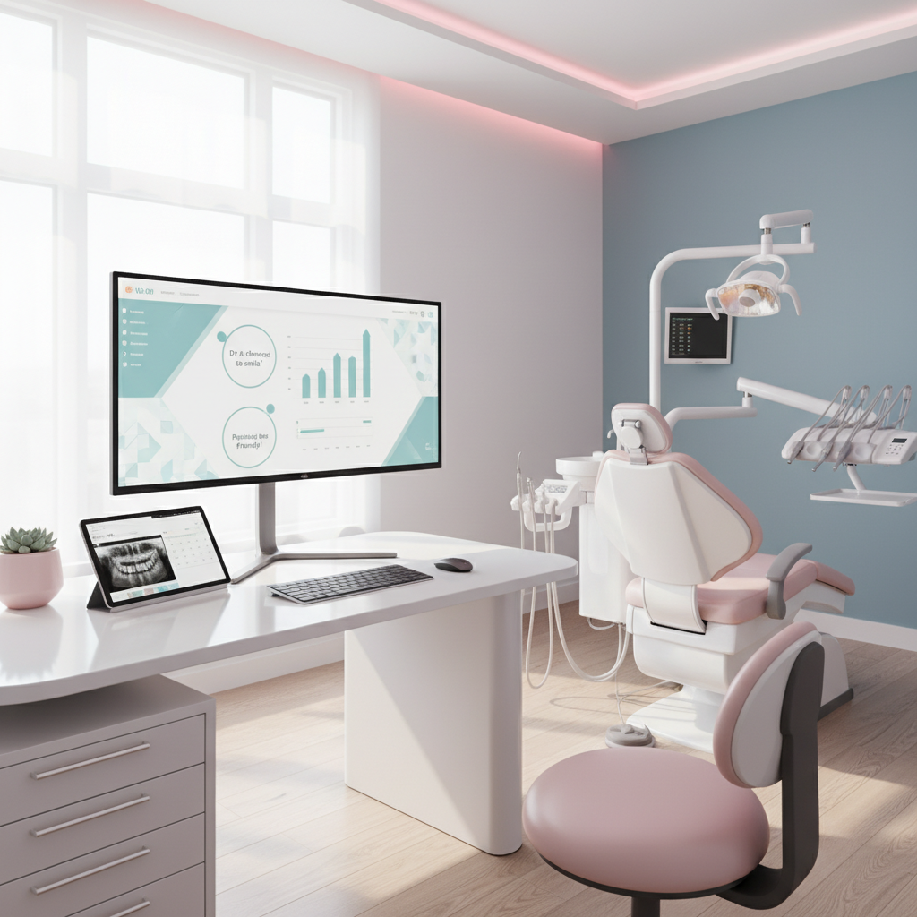 Bright dental clinic workspace with computer, dental chair, and organized tools in warm, inviting tones.