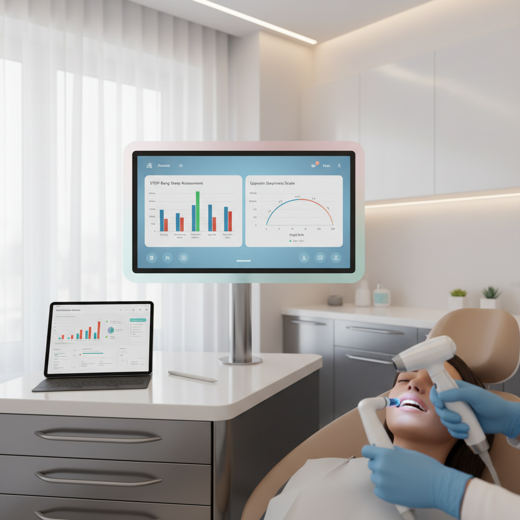 Dental clinician using intraoral scanner in bright clinical room with digital sleep assessment displays.