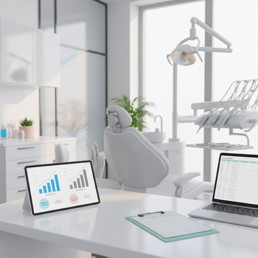 Modern dental clinic scene with digital workspace, dental chair, tools, and patient notes.