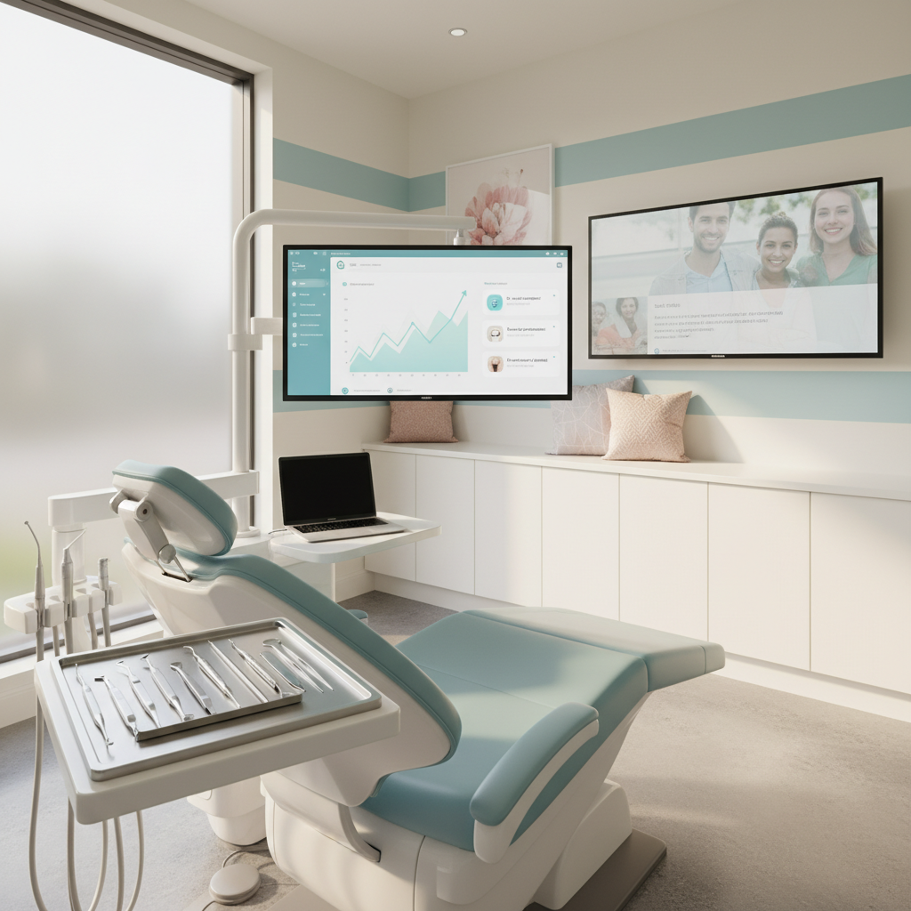 Modern dental clinic treatment room with digital dashboard, tools, and warm, clean environment.