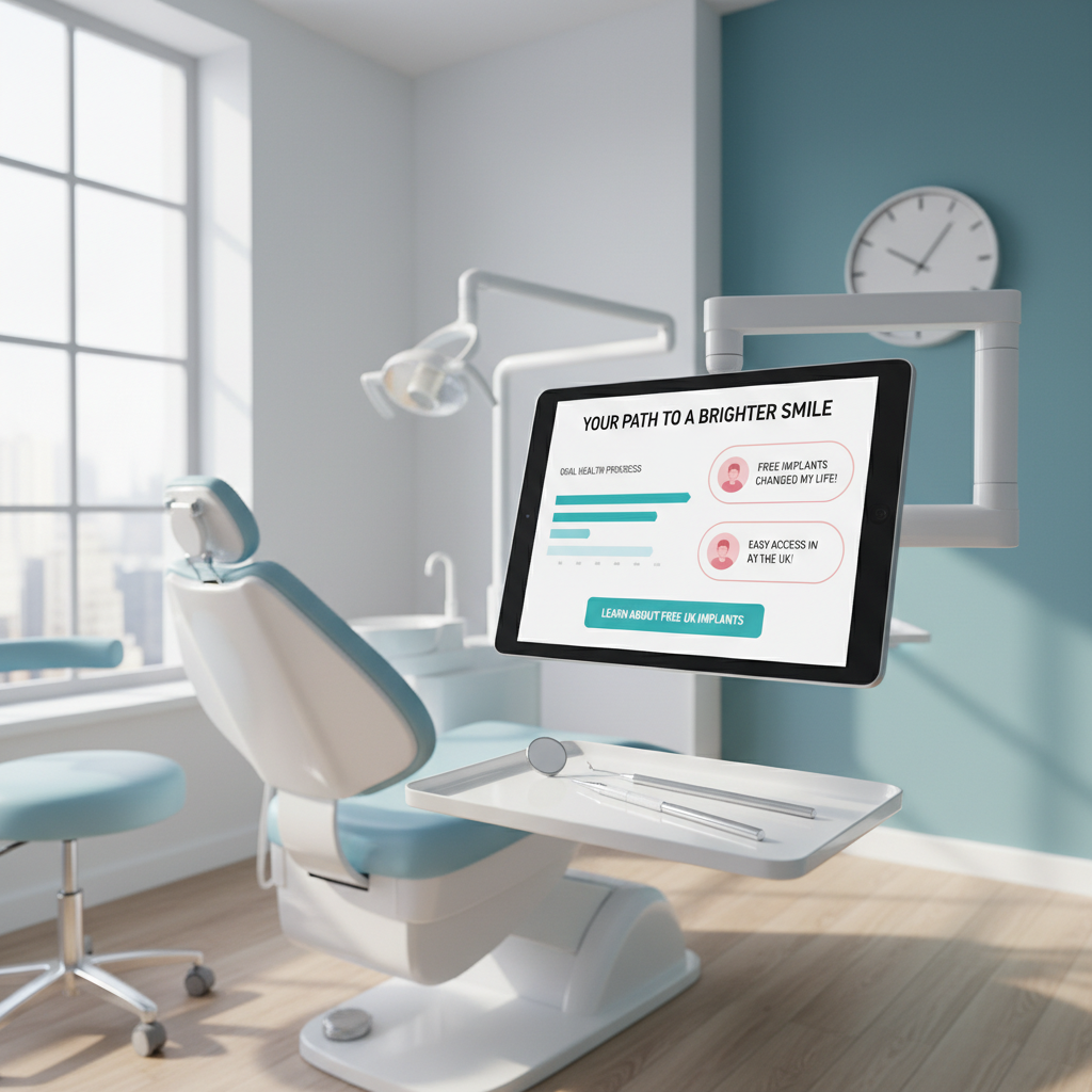Modern dental clinic treatment room with digital tablet, dental tools, and natural light ambiance.