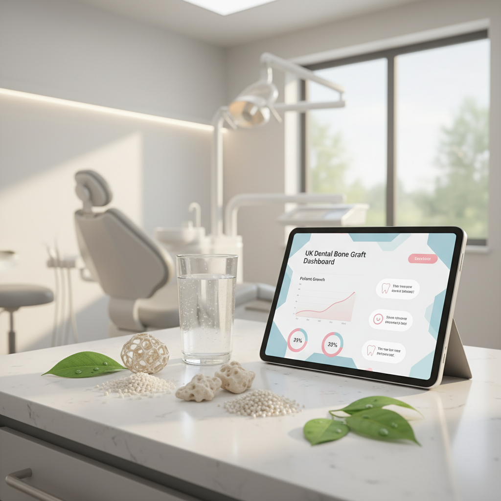 Modern dental clinic with bone graft materials, green leaves, and a digital tablet display.