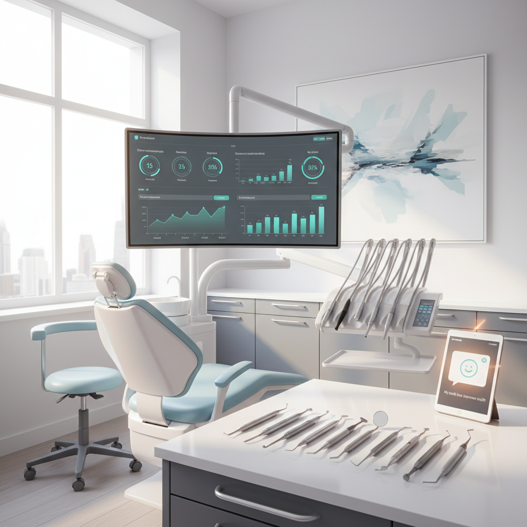 Modern dental clinic with digital charts, tools, and glowing testimonial on tablet.
