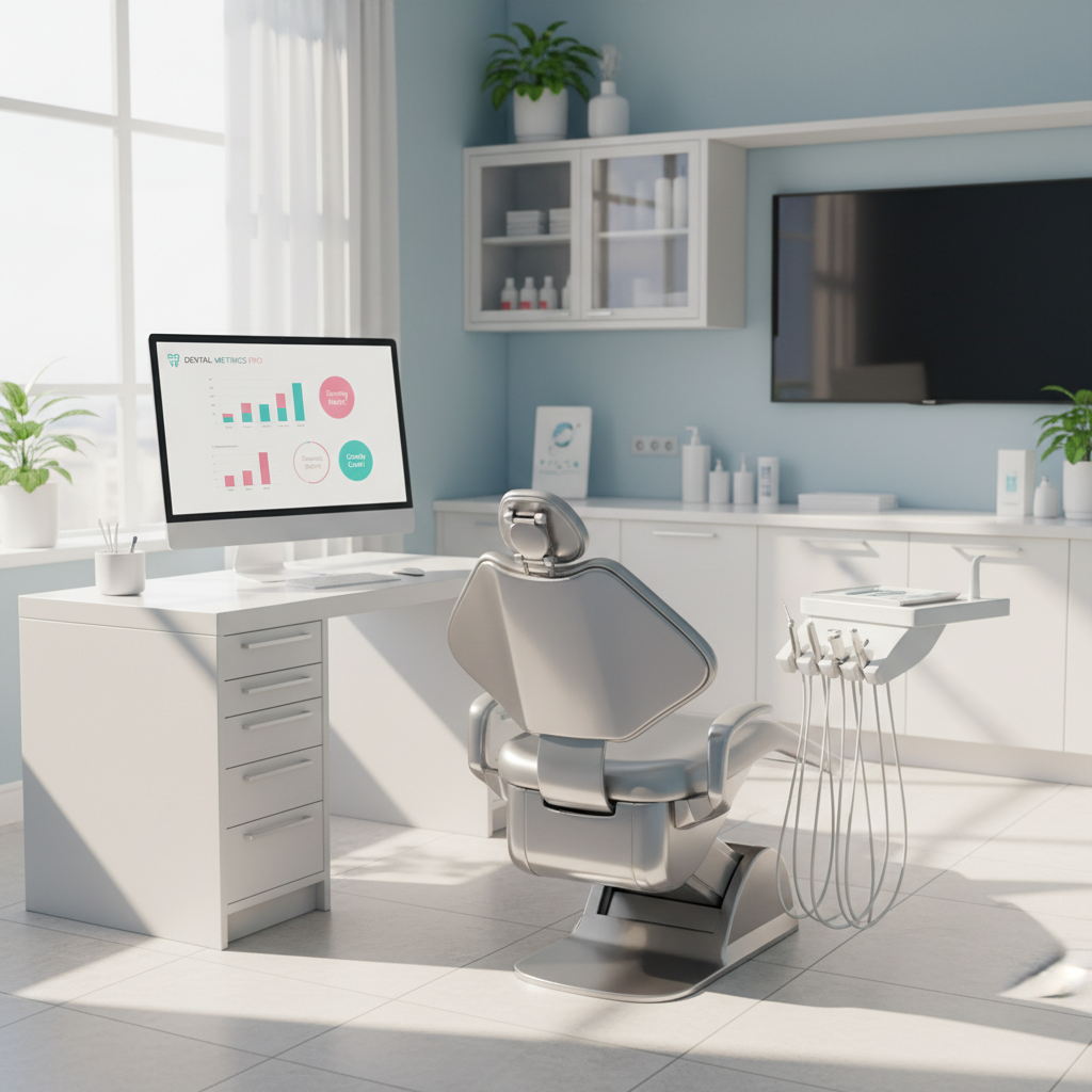Modern dental clinic workspace with computer dashboard, dental chair, tools, and light blue decor.