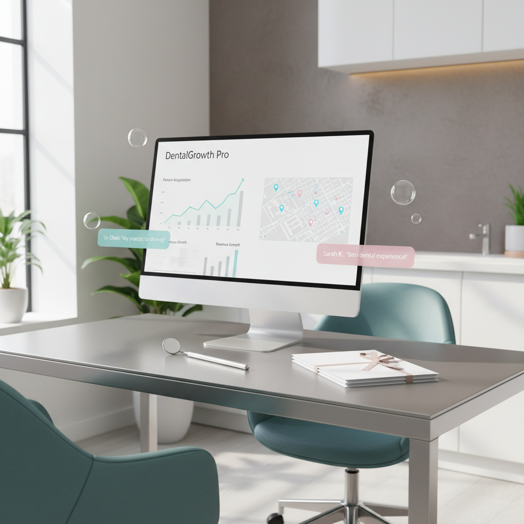 Modern dental clinic workspace with computer, dental tools, patient files, and testimonial bubbles.