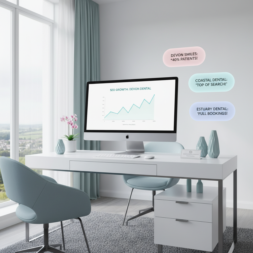 Modern dental clinic workspace with computer displaying SEO growth chart and testimonial bubbles