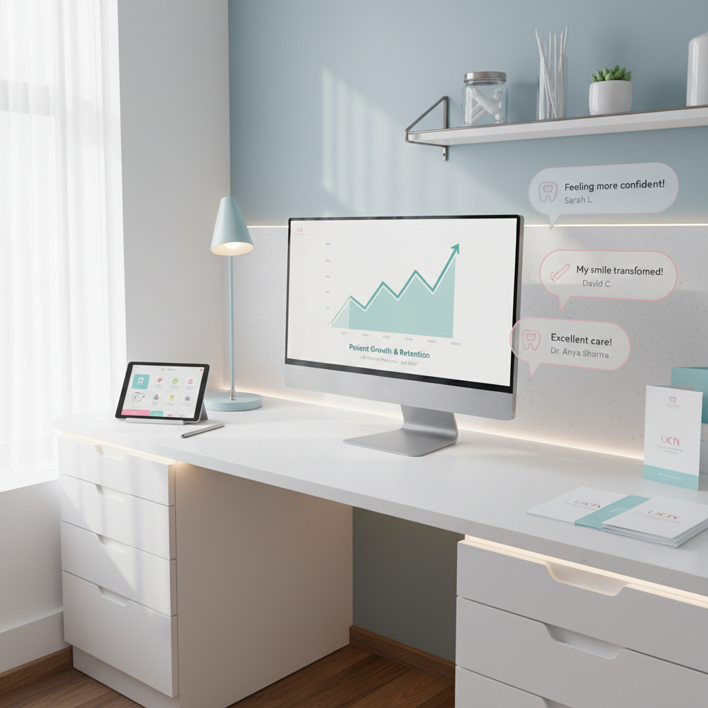 Modern dental clinic workspace with computer displaying growth chart and testimonial bubbles.