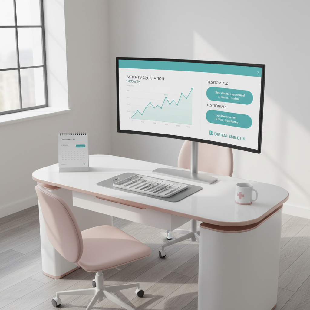 Modern dental clinic workspace with digital dashboard, dental tools, calendar, and seating.
