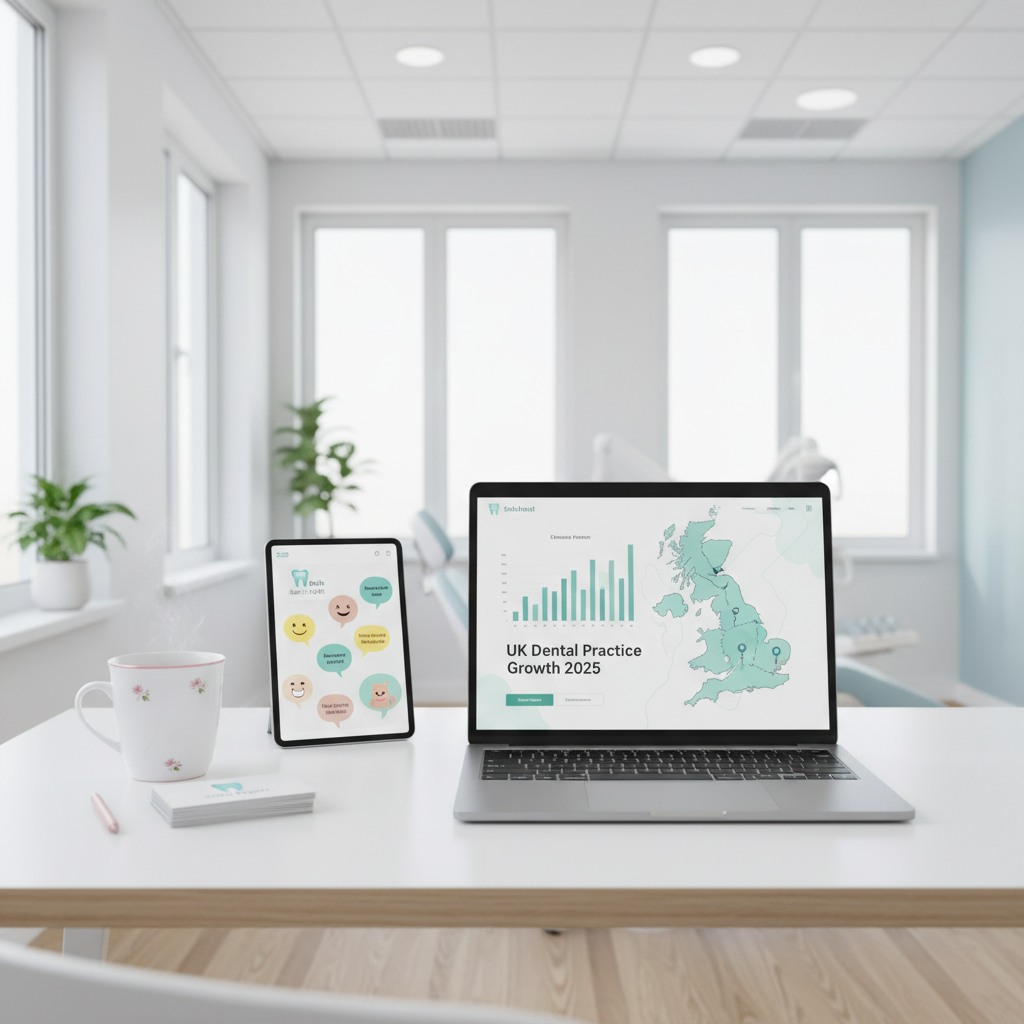 Modern dental clinic workspace with laptop, tea, appointment cards, and tablet displaying patient testimonials.
