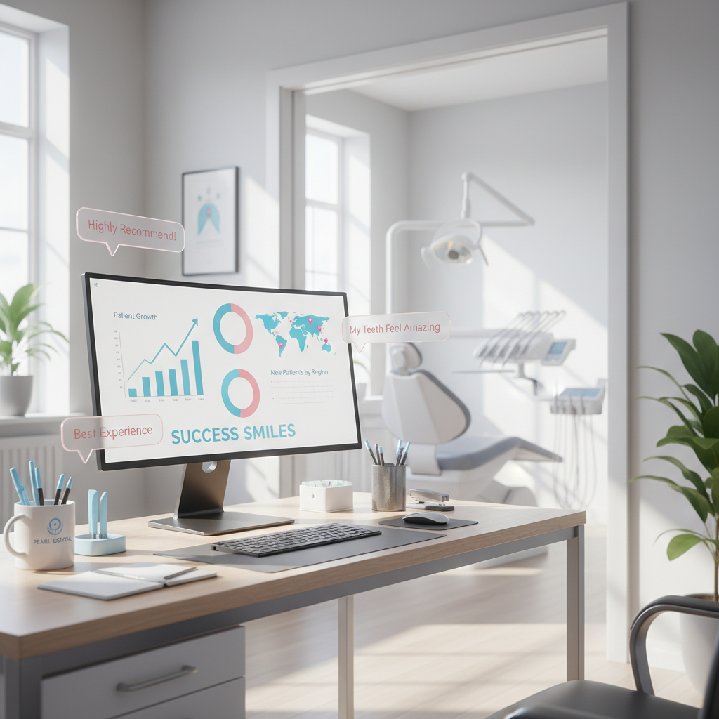 Modern dental office with digital dashboard, testimonials, and clean treatment room.