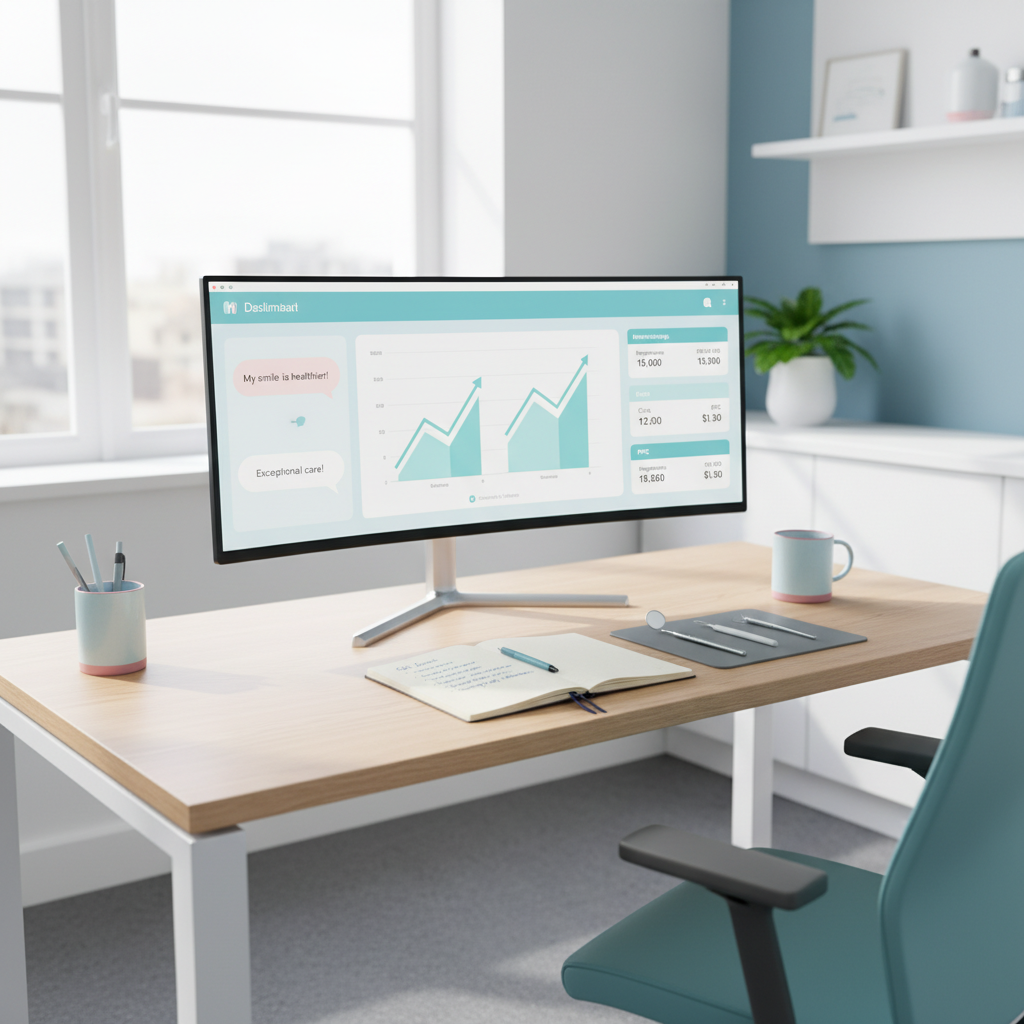 Modern dental office workspace with computer, tools, notepad, and soft blue tones.