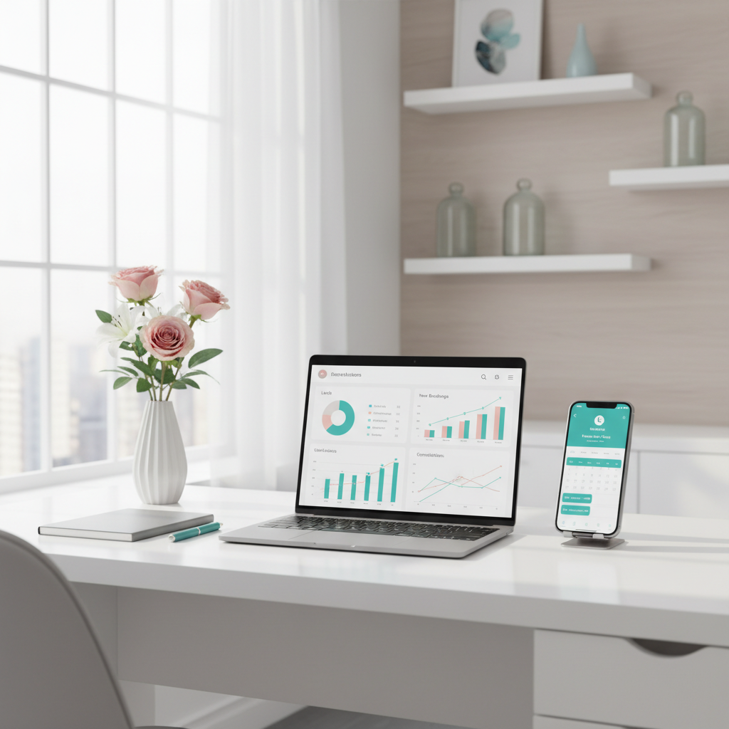 Modern dental office workspace with laptop, smartphone, calendar, flowers, and stationery.