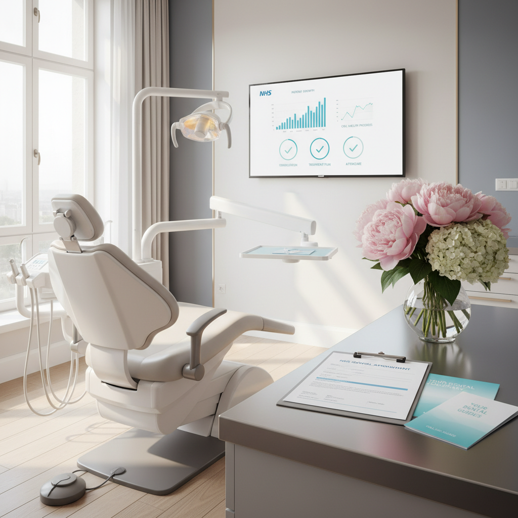 Modern dental treatment room with chair, digital NHS dashboard, appointment forms, brochures, and flowers.