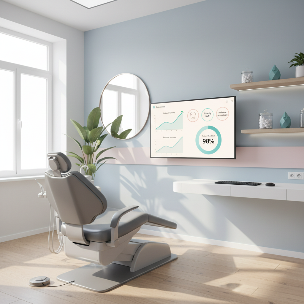 Modern dental treatment room with digital dashboard, clinical tones, and natural light.